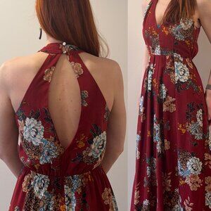 Red Floral Halter V-Neck Maxi Dress with Keyhole Style Back